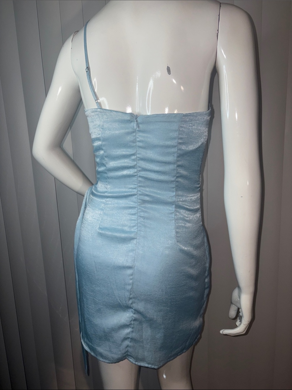 Lucy In The Sky Santorini  One-Shoulder Wrap Mini Dress - Dusty Blue XS - Picture 2 of 6